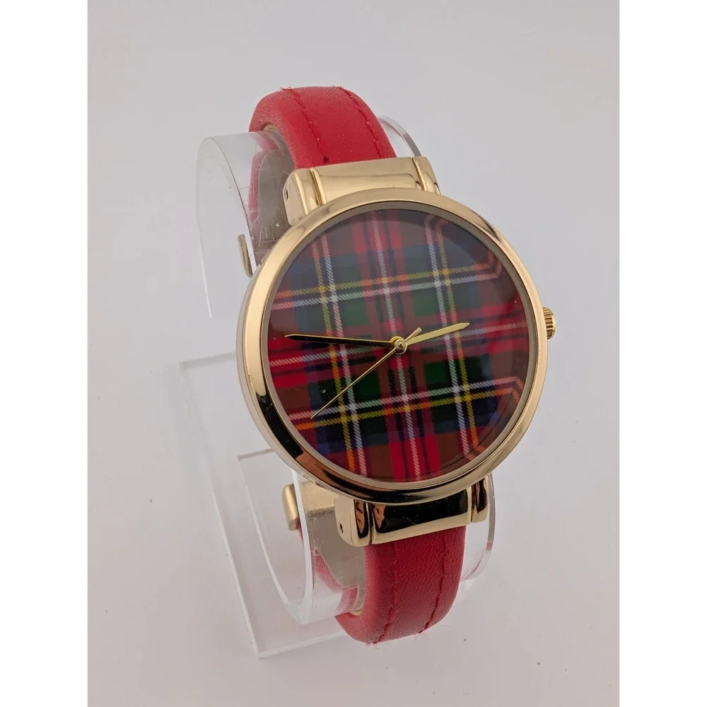 Women's Red/Green Plaid Dial Watch Gold 35mm Case Red Bangle Band- New Battery